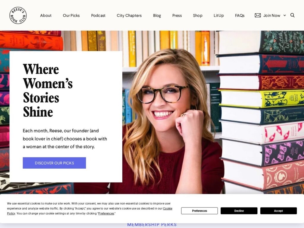 Reese's Book Club Gutenberg — monthly book club homepage built with WordPress blocks
